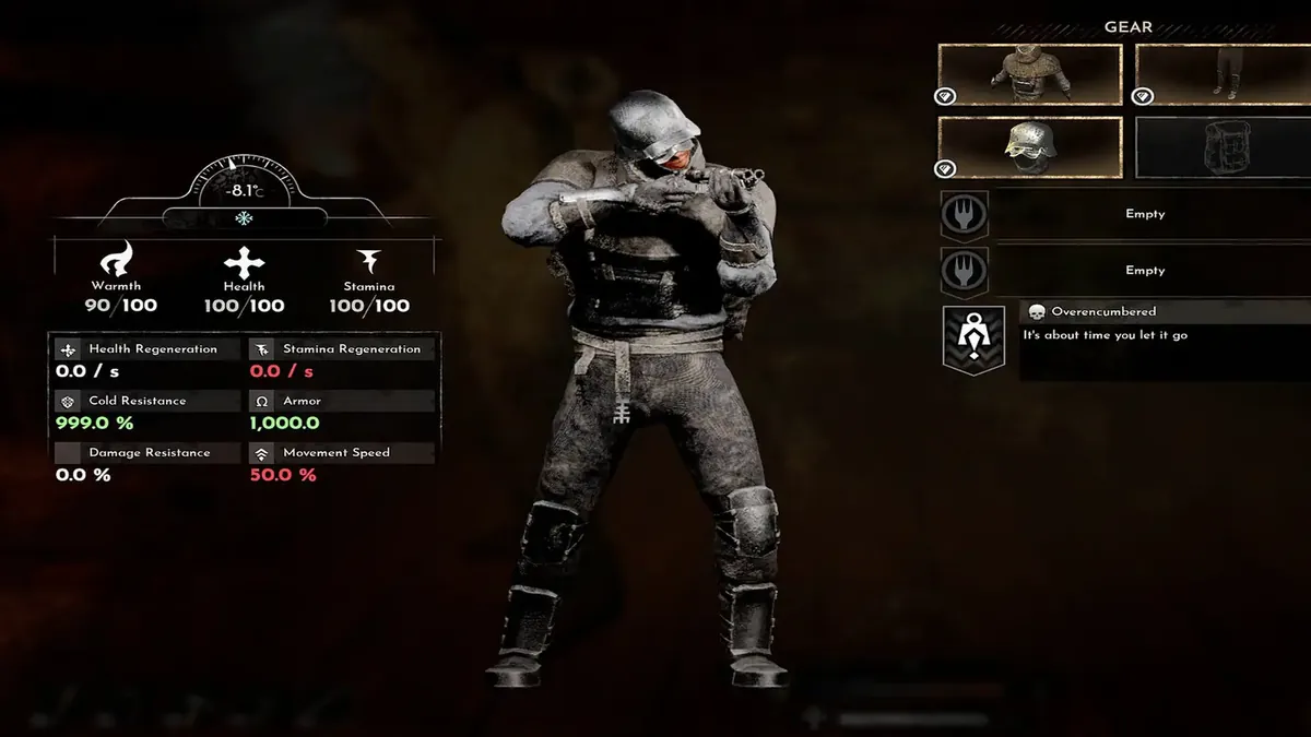 The status screen in Frostrail showing health, hunger, warmth and stamina, the four gauges that decide when a run ends